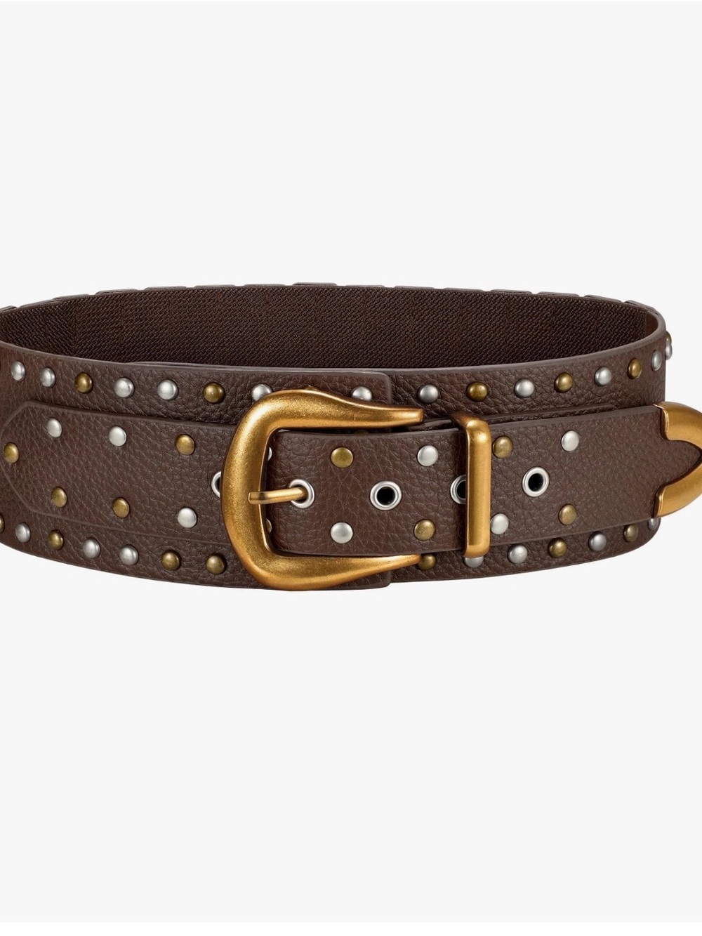 Brown Studded Leather Belt with Antique Gold Buckle
